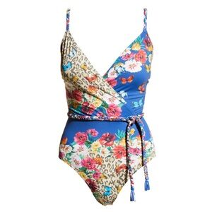 Johnny Was Blue Floral and Leopard One Piece Bathing swimsuit